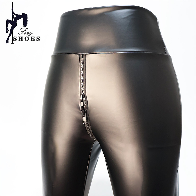 Sexy Double Zipper Open Crotch Pants for Women Large Size Black Matte Leather Exotic Bodycon Trouser
