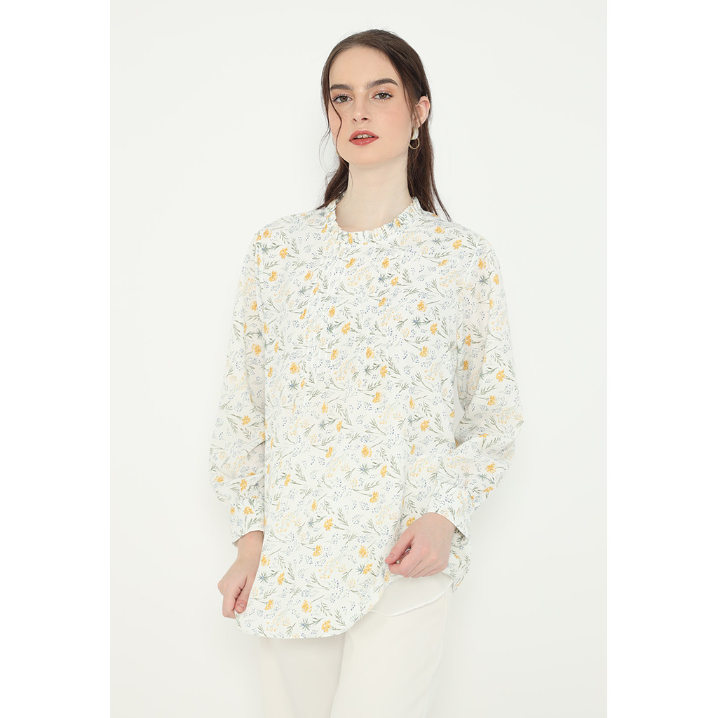 Blus Kerah Ruffle Motif Bunga Kecil Korean Style Floral Ruffle Blouse Korean Look In White By Brilli