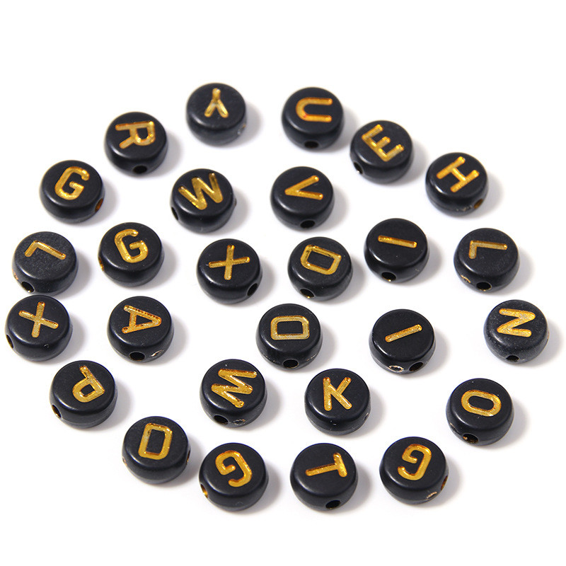 

100pcs 7x4mm Black Acrylic Alphabet / Letter Round Beads For Jewelry Making Diy Handmade Bracelet Necklace