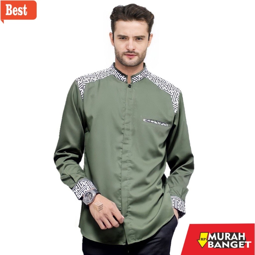 Baju muslim lengan panjang- Baju Koko Pria Dewasa Lengan Panjang Warna Hijau Army Terbaru Series  - 