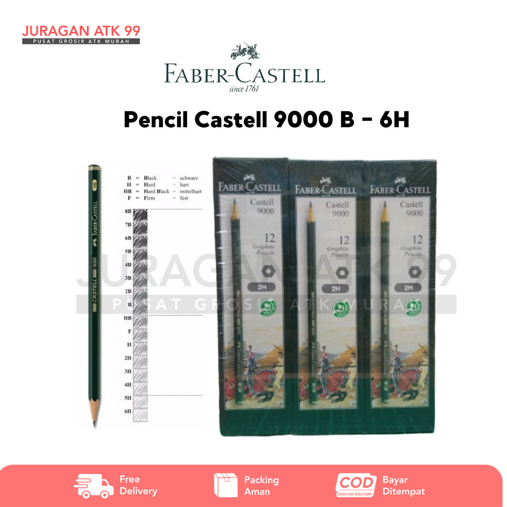 

Pencil Faber-Castell 9000 Per Pack Lengkap B - 6H (1 Pack Isi 12pcs)