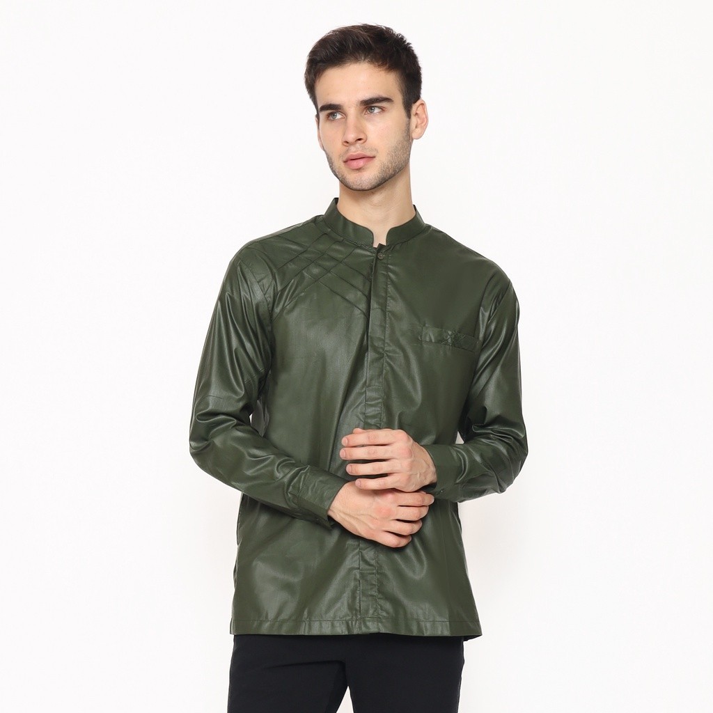 Rumah Koko - Baju Koko Marvel Pria Lengan Panjang Motir Marvel Warna Army | Baju Muslim Pria Dewasa 