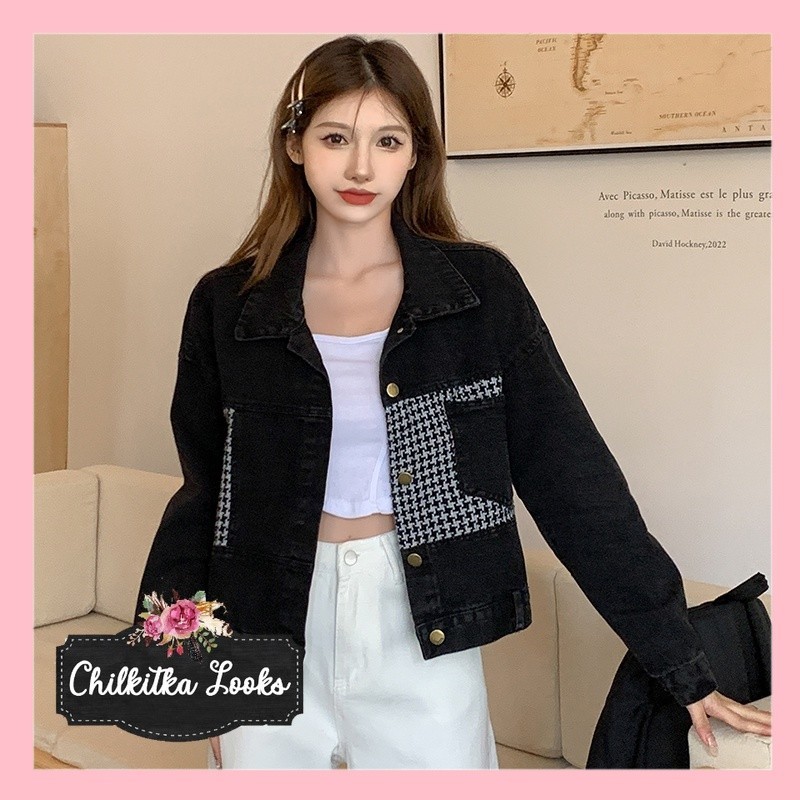 CHILKITKA LOOKS FASHION BANGKOK  Design sense Jaket Denim Wanita Kecil Kotak-kotak Jaket Vintage Pen