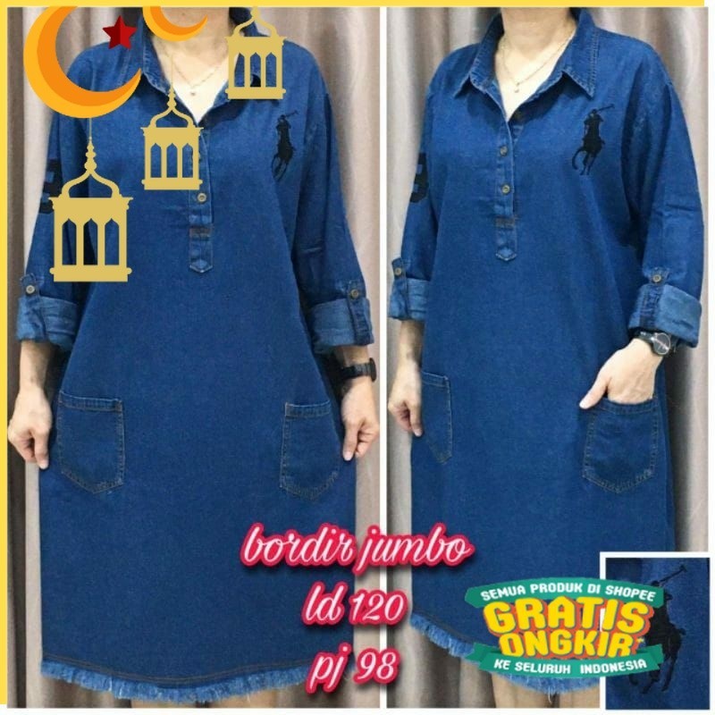 TUNIK JINS JUMBO BORDIR/atasan jins ld 120cm/DRESS WANITA/DRESS BORDIR/DRESS JUMBO/TUNIK JUMBO/TUNIK