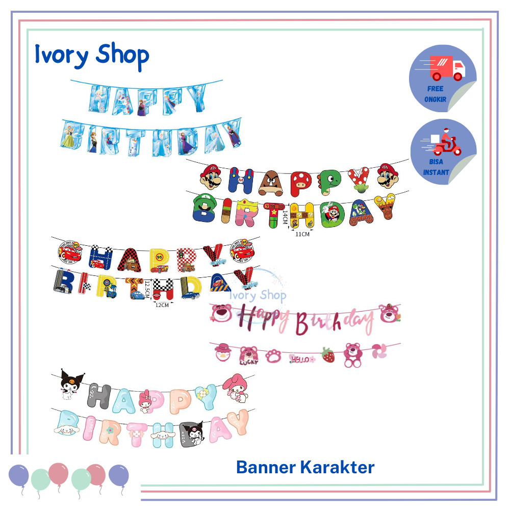 Banner HBD Karakter Happy Birthday  Frozen Lotso Sanrio Mario bross