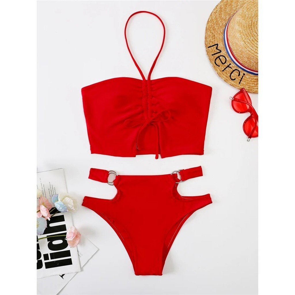 PREORDER Sexy Wrinkled Halter High Waist Bikini Female Swimsuit Women Swimwear Two-pieces Bikini set