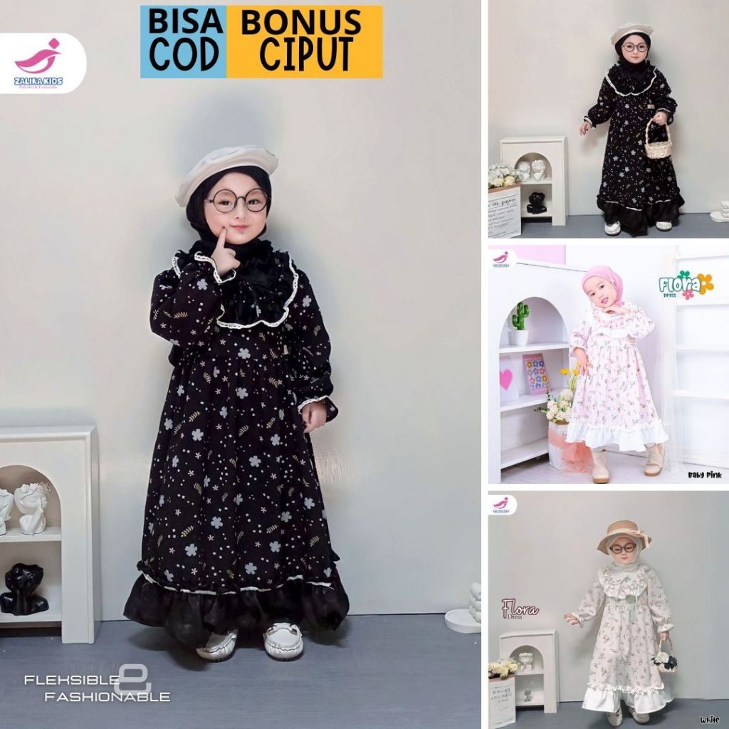 QC56YT Flora Dress Gamis Lebaran Anak Perempuan usia 1 - 5 tahun terbaru Original Zalira Kids / Dress anak set jilbab / gamis lebaran 2024