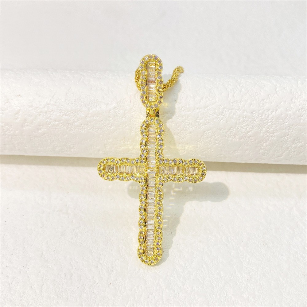 Hiphop Kustom 18K Emas Sepuh Baguette Berlian Moissanite Liontin Salib 925 Perak Murni Kalung untuk 