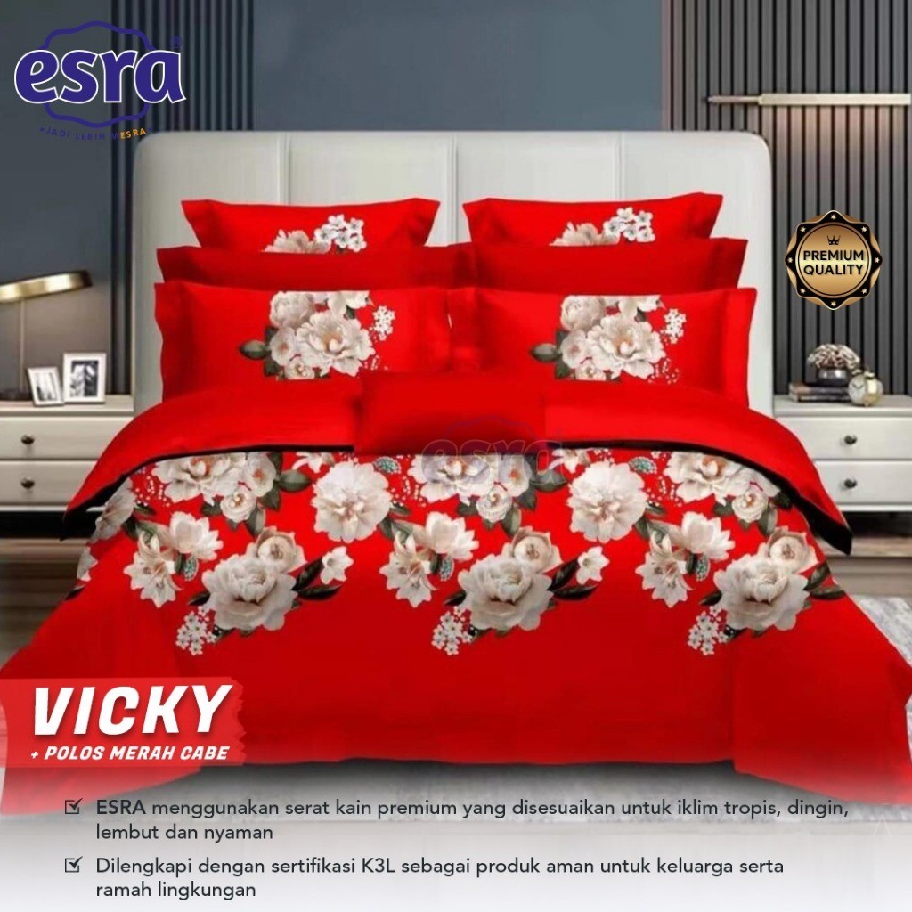 PS - Sprei Katun esra merah motif Vicky - Bunga Ros Mawar Merah