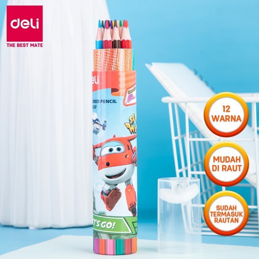 

Bobomart Pensil Warna DELI EC00807 12 Warna Super Wings Bonus Serutan