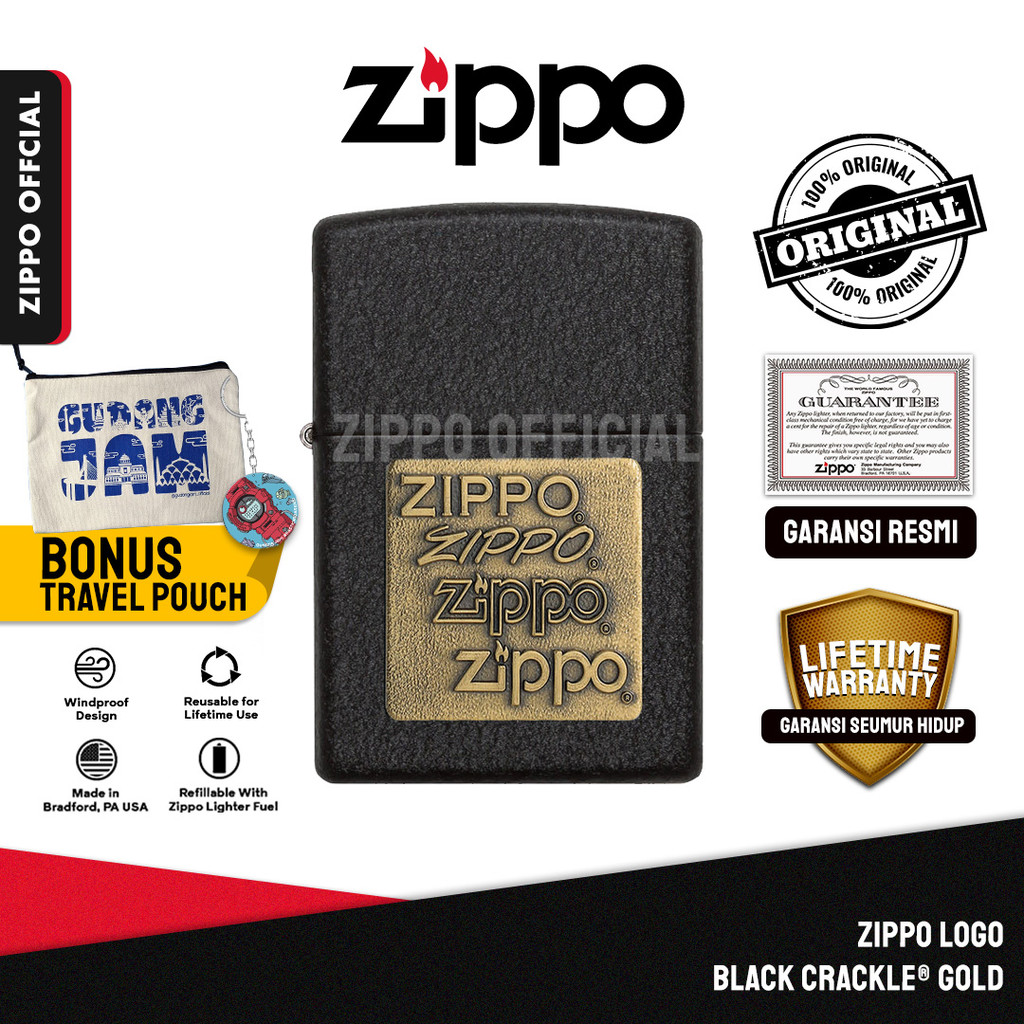 Zippo Logo Black Crackle® Gold 362 | Garansi Lifetime | Original USA