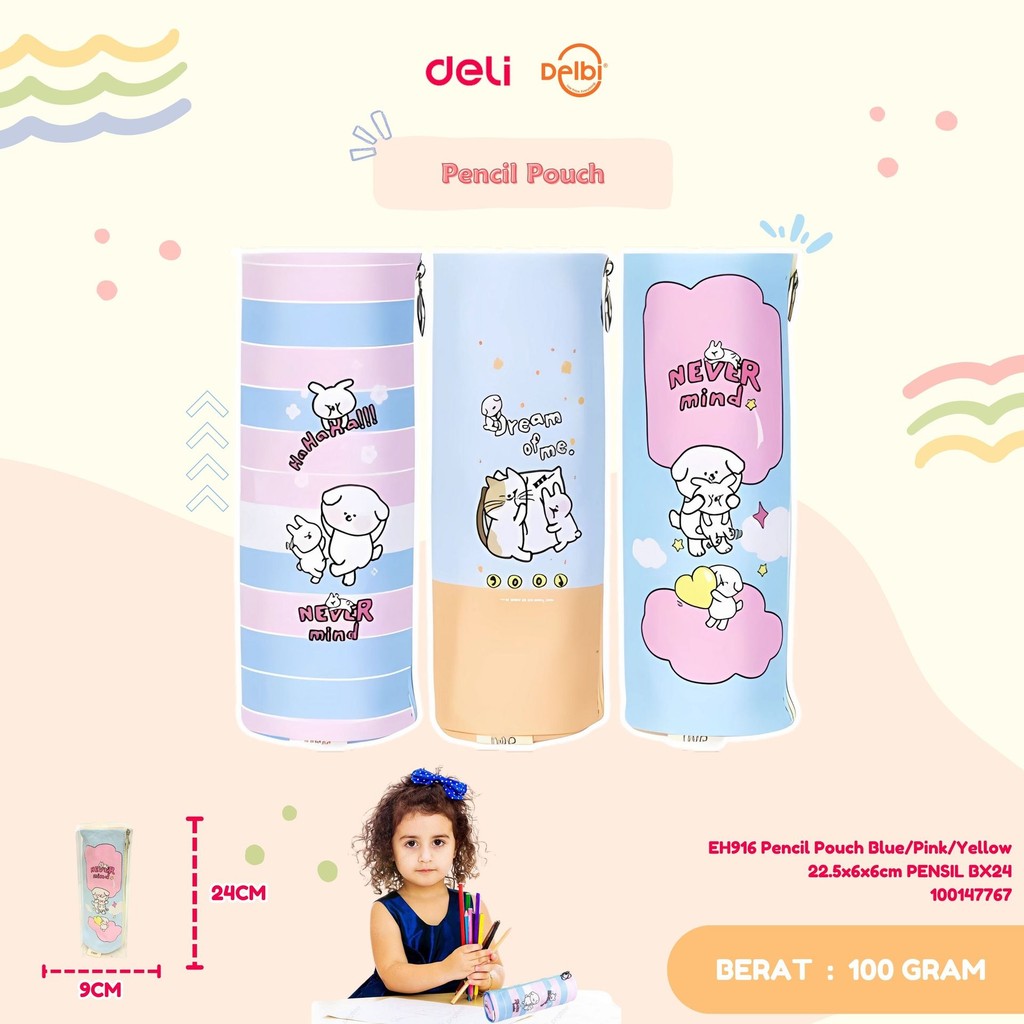 

KOTAK TEMPAT PENSIL KAIN SLETING BULAT DELI DELI EH916 Pencil Pouch Blue/Pink/Yellow 22.5x6x6cm PENSIL