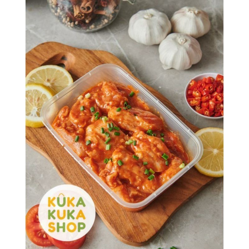 

HIJRAH FROZEN Daging Ayam Marinasi Sauce Bulgogi / Gochujang / BBQ / Blackpepper Ready To Cook 500gr | Frozy Farm