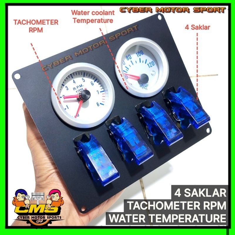 Dashboard add on panel gauge indikator Tachometer RPM water temperature coolant 4 saklar LED. peleng