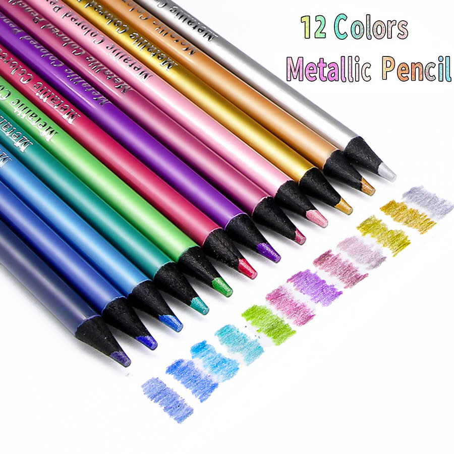 

12Pcs Metallic Colored Pencils,Non-toxic Wood Drawing Pencils, 12 Assorted Colors Wooden Sketching Pencil Set