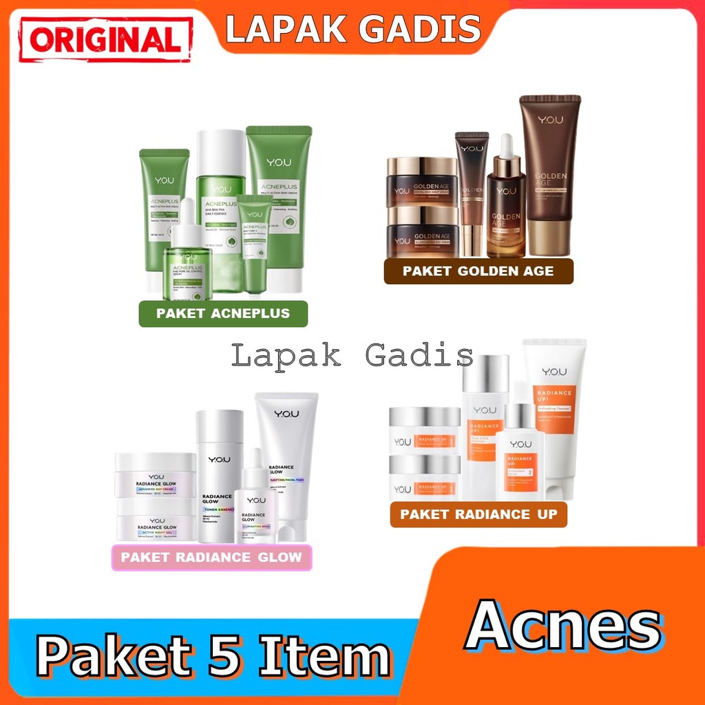 YOU 5in1 Paket Skincare Set 5pcs | Radiance Glow Serum Facial Foam Cream | Radiance Up Serum Toner E