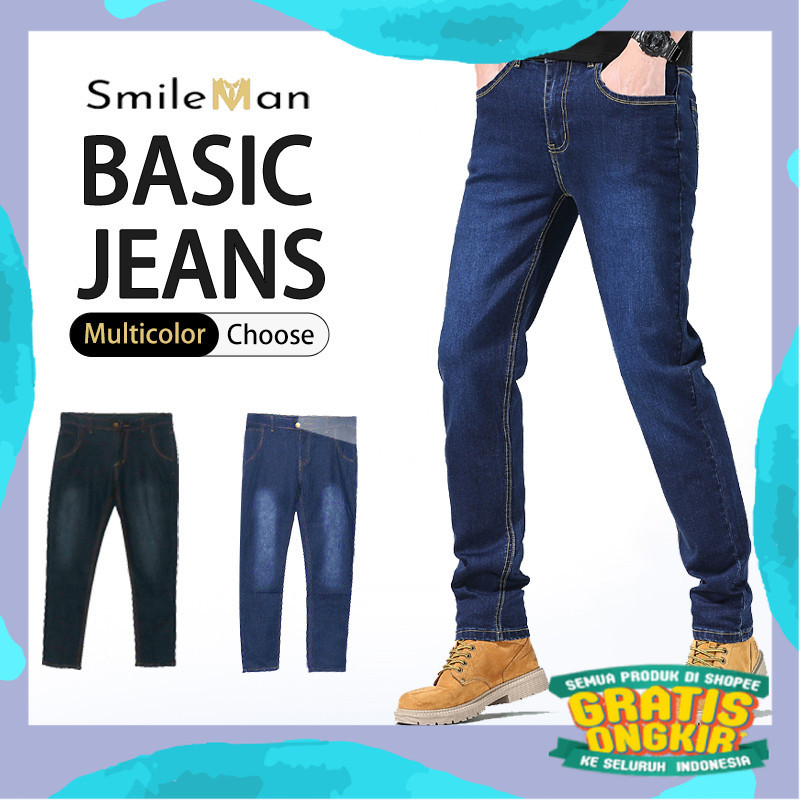 SmileMan Celana Panjang Jeans Pria 2 Warna Hitam Dan Biru Denim Celana Jeans Standar Pria Terbaru Ke