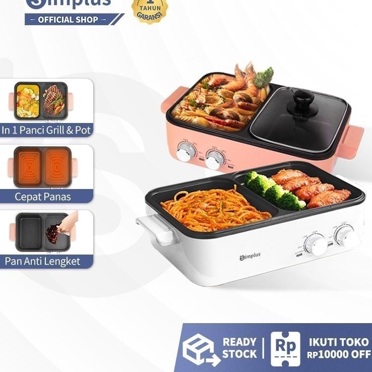 x4X8j--Simplus Panci Listrik Multifungsi Wajan 2 dalam 1 BBQ grill & Hotpot Low Watt Kompor Elektrik