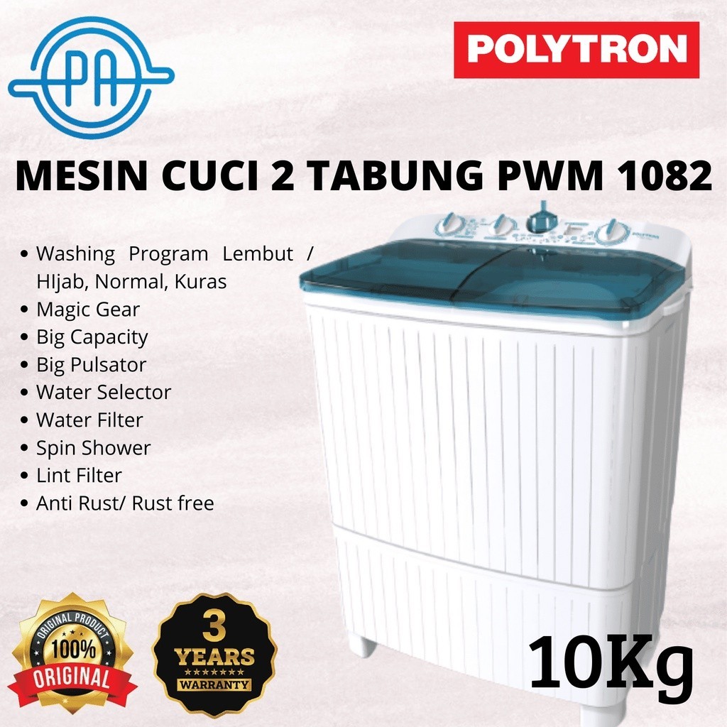 MESIN CUCI 2 TABUNG POLYTRON PWM 1082 / PWM 1082 10KG