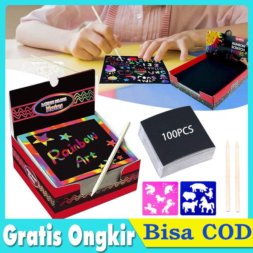 

100pcs Kertas Gambar Scratch / Magic Rainbow Scratch / Scratch & Draw Murah /mainan Black Cardboard edukasi