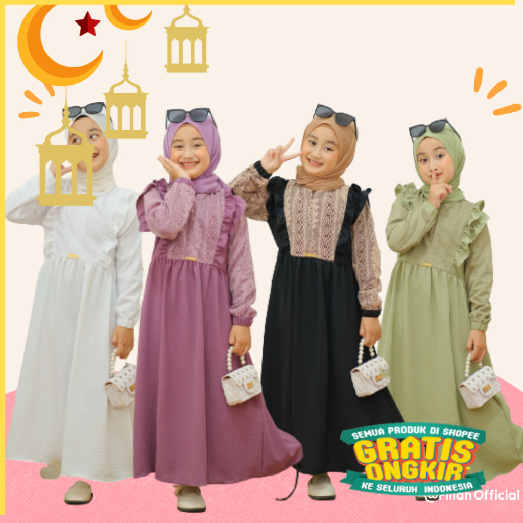 Gamis Anak Perempuan Lydia Kids Crinkle Mix Brukat H17/Maron merah bata red anak tanggng