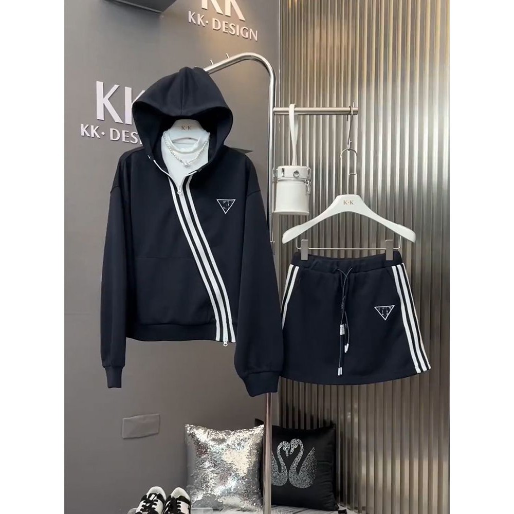 New striped hoodie half skirt two-piece set for women