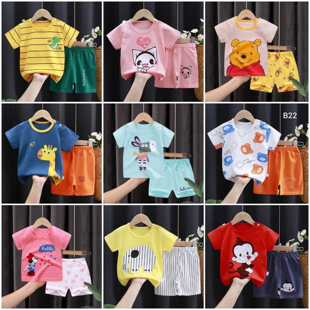 KIDS SUIT PENDEK Setelan Baju Bayi Umur 0 Bulan - 4 Tahun Baju Anak Bahan Kaos Lengan Pendek + Celan
