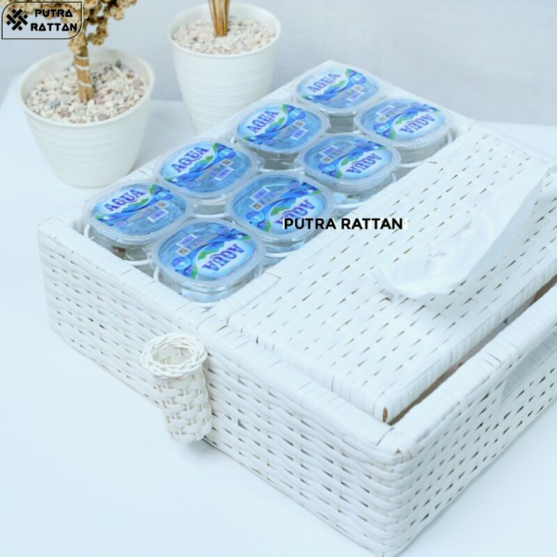 ready stok RAK WADAH KERANJANG TEMPAT AQUA AIR MINERAL AIR GELAS SET TISU BENTUK KOTAK BAHAN ROTAN S