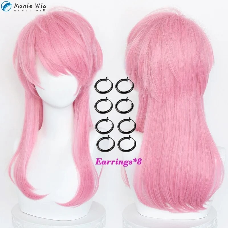 Wig Cosplay Cos Sanzu Haruchiyo, Wig Anime pria Halloween tahan panas 55cm panjang merah muda + topi