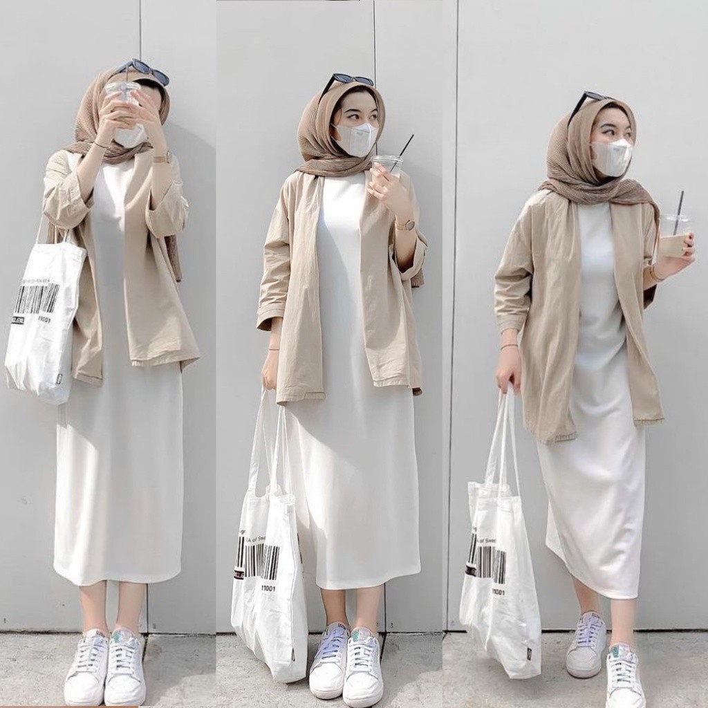 Setelan Lame - One Set 2in1 Dress + Hijab Pashmina Wanita - Ootd Setelan Wanita - Setelan Wanita Oot