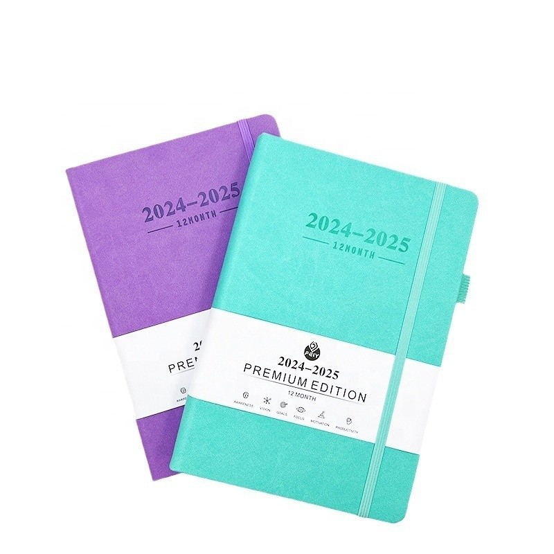 

2024 2025 Yearly Planner open flat hardcover luxury pu leather notebook