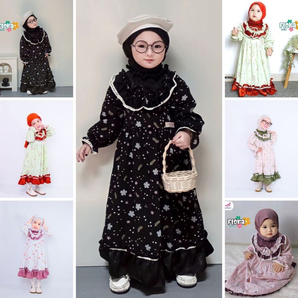 Flora series Gamis Lebaran Anak Perempuan usia 1 - 5 tahun terbaru Original Zalira Kids / Dress anak set jilbab / gamis lebaran 2024