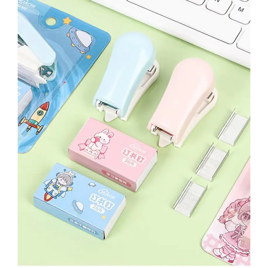 

[FP] Stapler Set macaron Mini Lucu Karakter Staples Mini Portable free Isi Perlengkapan Kantor STAPLER warna pastel LUCU UNIK