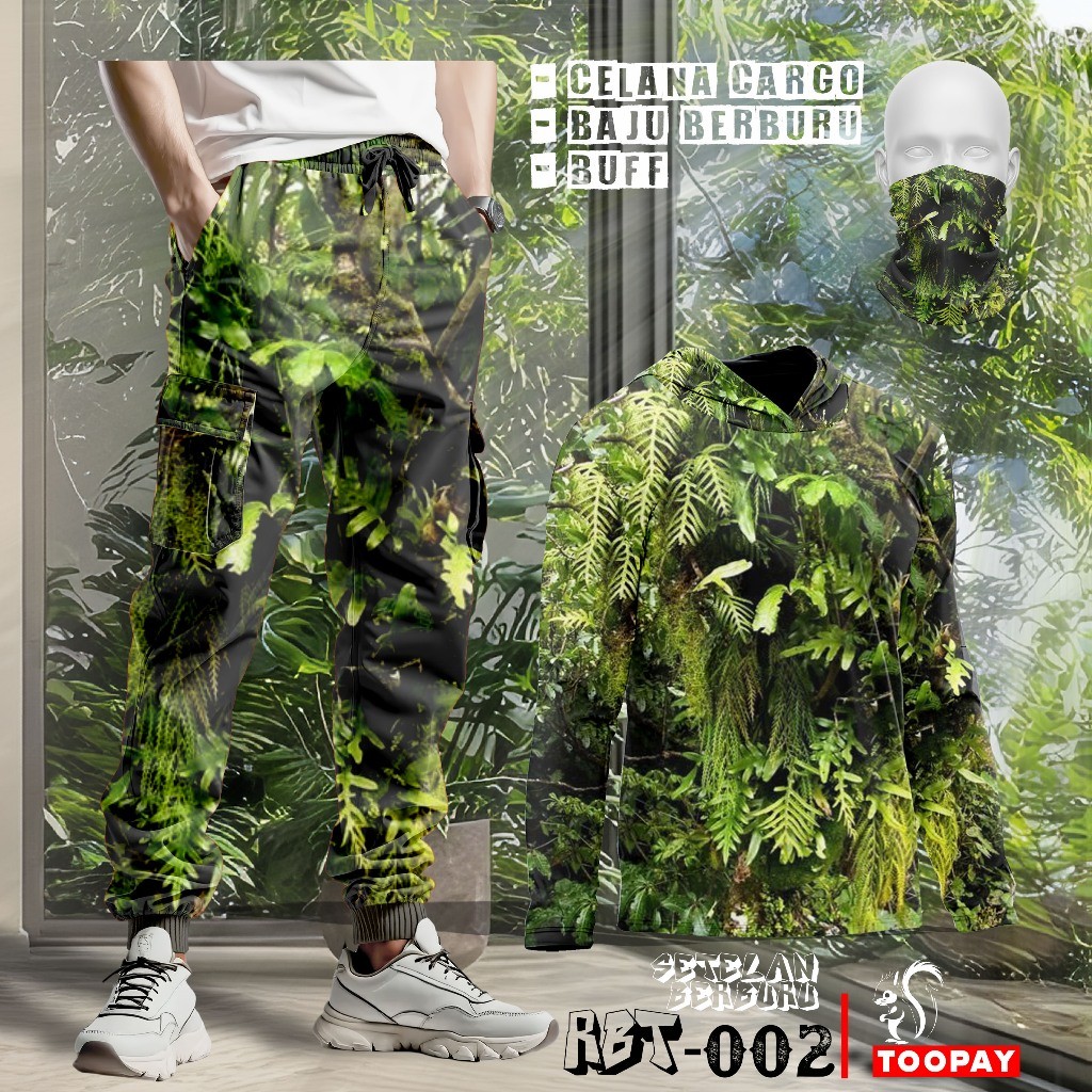 Setelan Baju Kamuflase - Kaos Berburu Lengan Panjang untuk Pria Motif Daun Rambatan Sejati