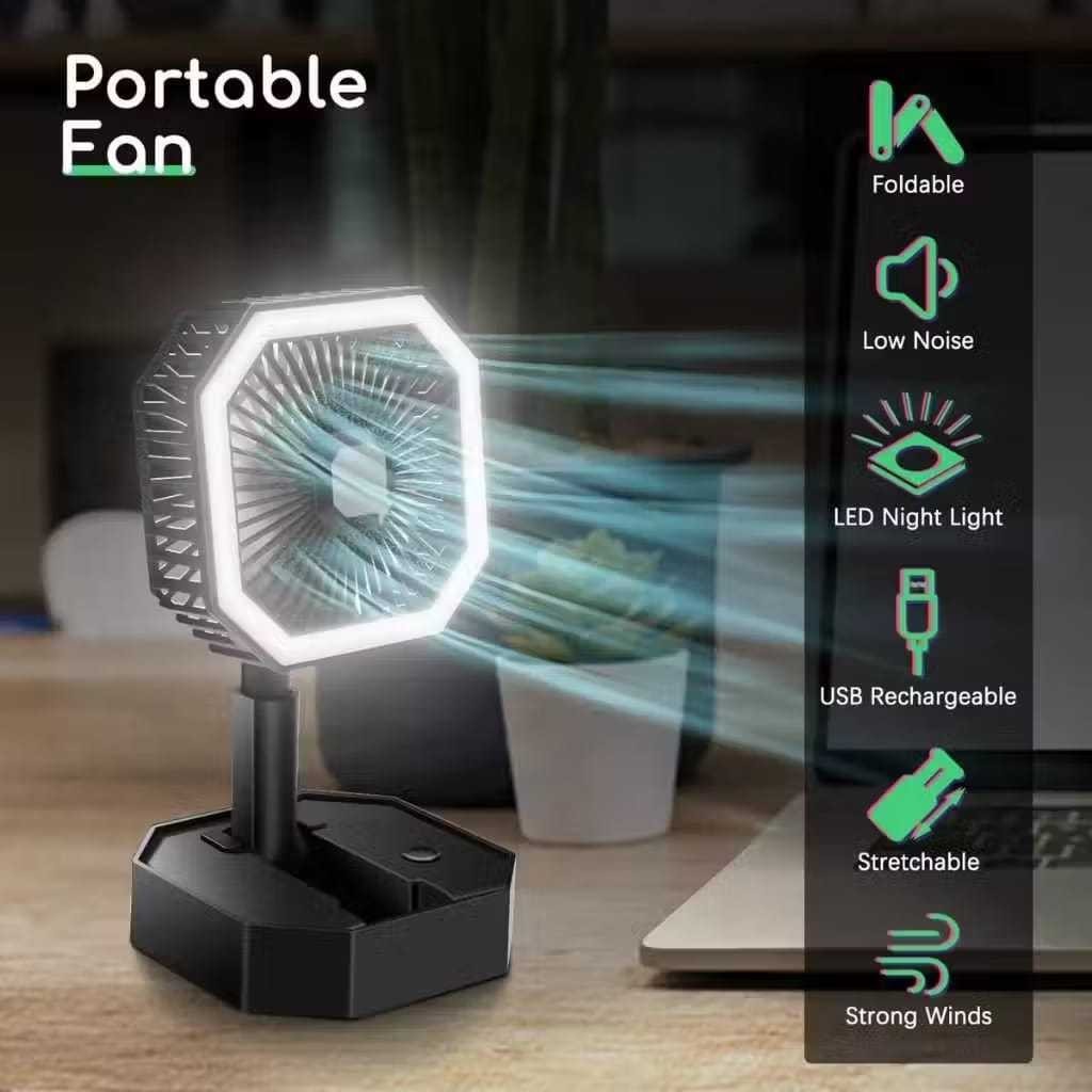 Kipas Angin Lipat Portable Mini Fan Emergency dengan Lampu LED dan Baterai Isi Ulang Include Kabel K