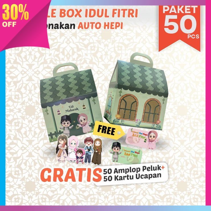 

Hadiah Anniversary Valentine Lebaran Idul Fitri Kekinian / 50 pcs Gable Box Hampers Lebaran Idul Fitri Anak Ponakan – Motif Rumah