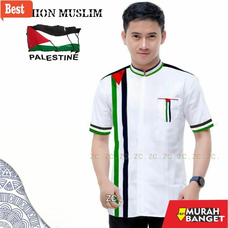 Baju muslim pria pendek- Baju koko pria lengan pendek motif Palestina terbaru M L XL / SARUNG PALEST