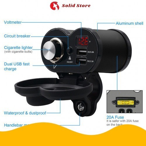 Charger Sepeda Motor 2 Output USB Dengan Voltmeter charger motor MLD-001 Fitur 3 in 1 Digital Displa