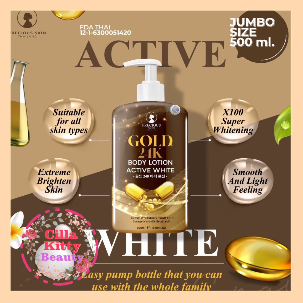 CKB Precious Skin Thailand Gold 24K Body Lotion Active White 500ml / Whitening Lotion / HB Dosting /