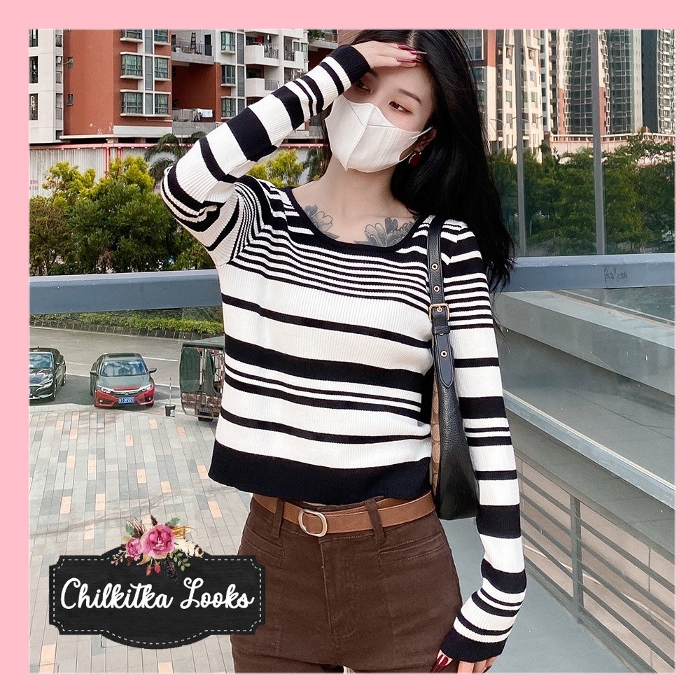 CHILKITKA LOOKS SELEBGRAM OUTFIT Atasan Wanita Rajut Salur Garis Garis Import Premium XF | Atasan Le