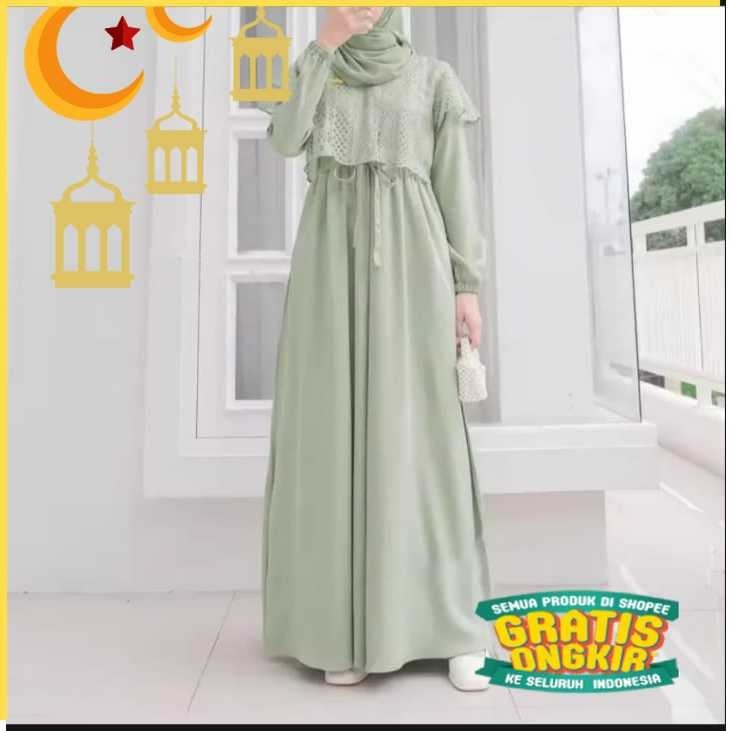 Gamis Cringkle Hafshaa Maxy Dress Mix Brokat Malika kekinian/ Pink Hijau sage Navy maron