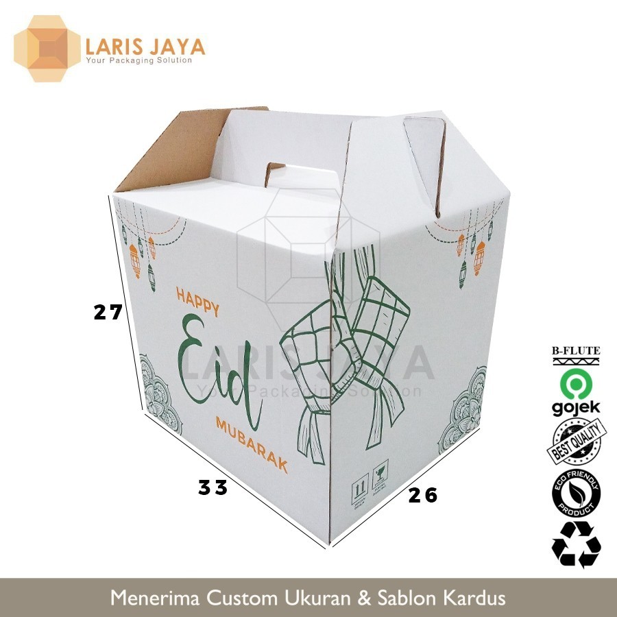 

Kardus Parcel Lebaran Jinjing / Dus Sembako / Lebaran / Idul Fitri Putih / Gable Box - 33 x 26 x 27 cm