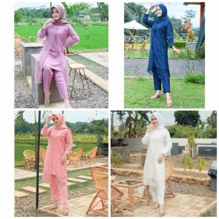 Setelan Gamis Tunik Brukat Renda Baju Rok Celana Wanita Lebaran Pesta - Lilac / Ungu, TALITHA