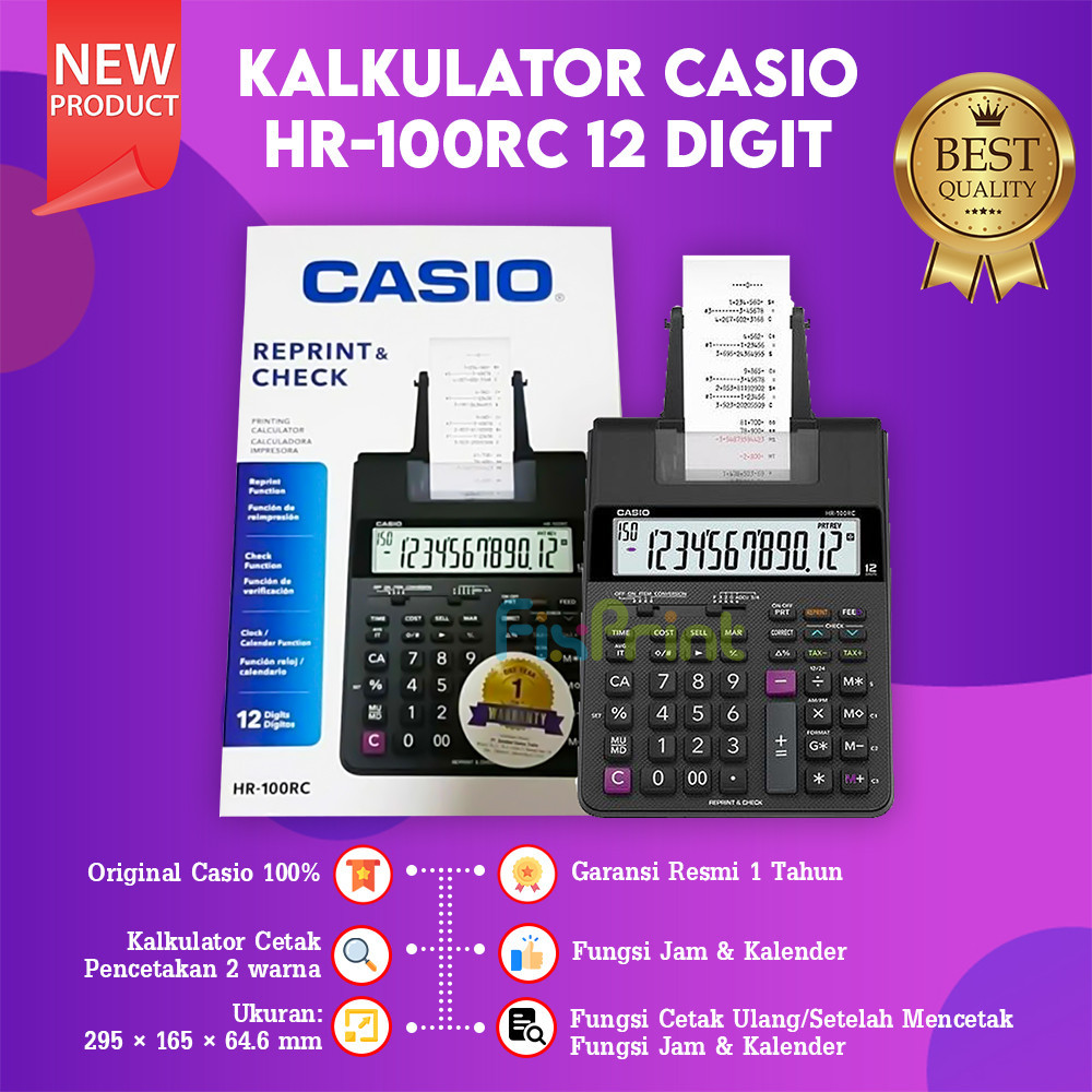 

Calculator Printing Casio HR-100RC 12 Digit Kalkulator Cetak Struk New