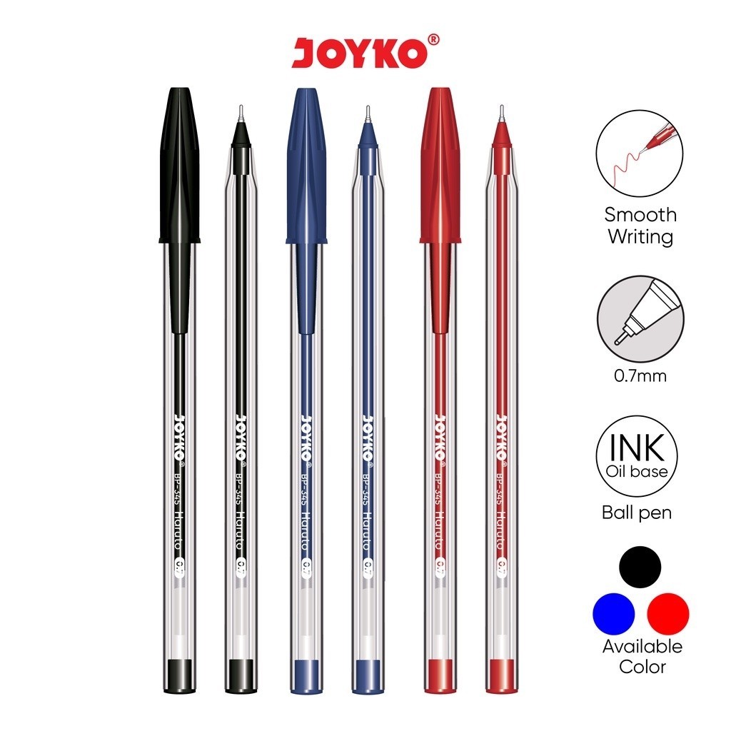 

Pulpen Joyko BP-345 Haruto Tip 0.7 mm Ball Pen Tinta Hitam Biru Merah - Lusinan - AGB