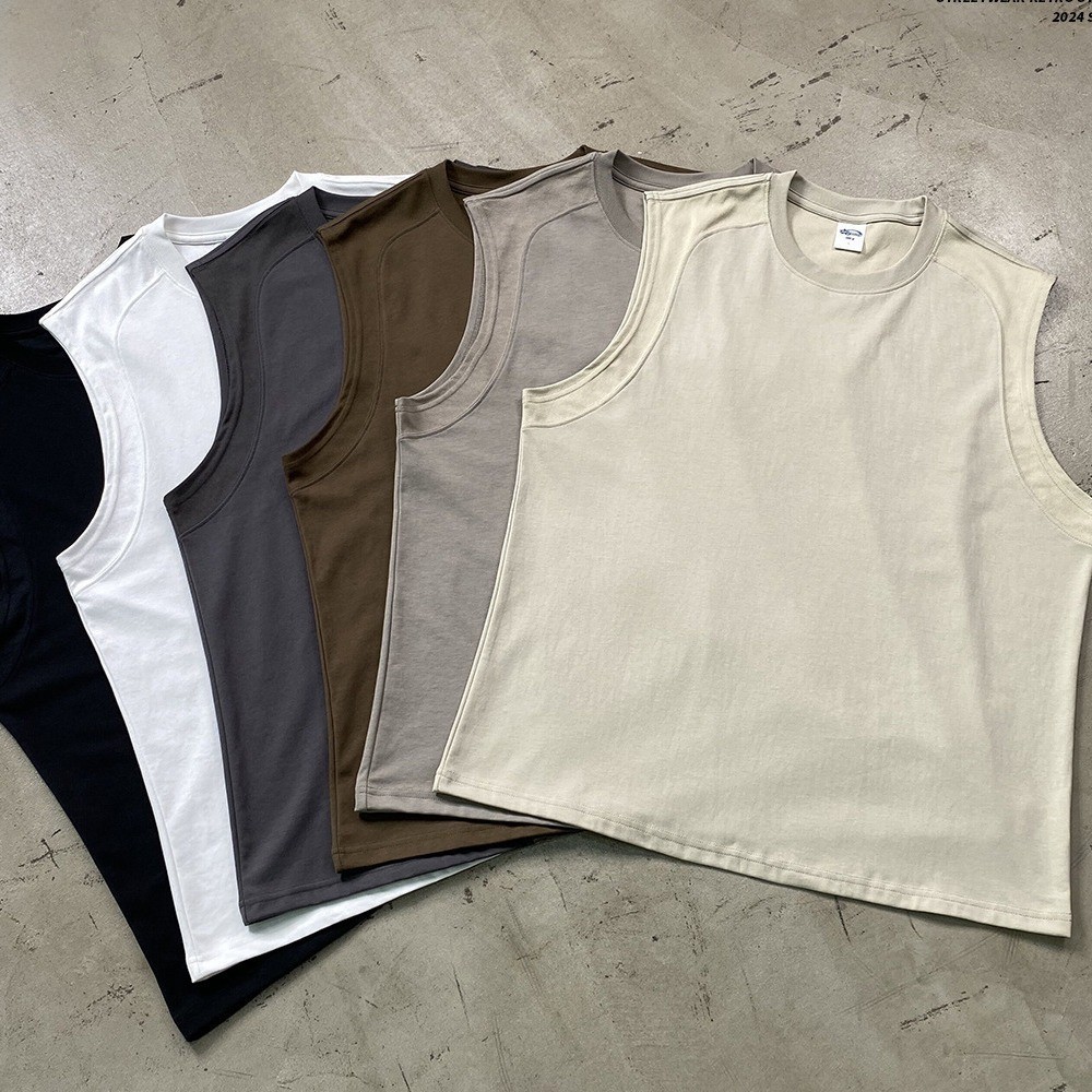 2024 Baru Rompi Pria Rompi Tanpa Lengan Uniseks Gaya Olahraga Basket Tank Top Katun 190gsm Cepat Ker