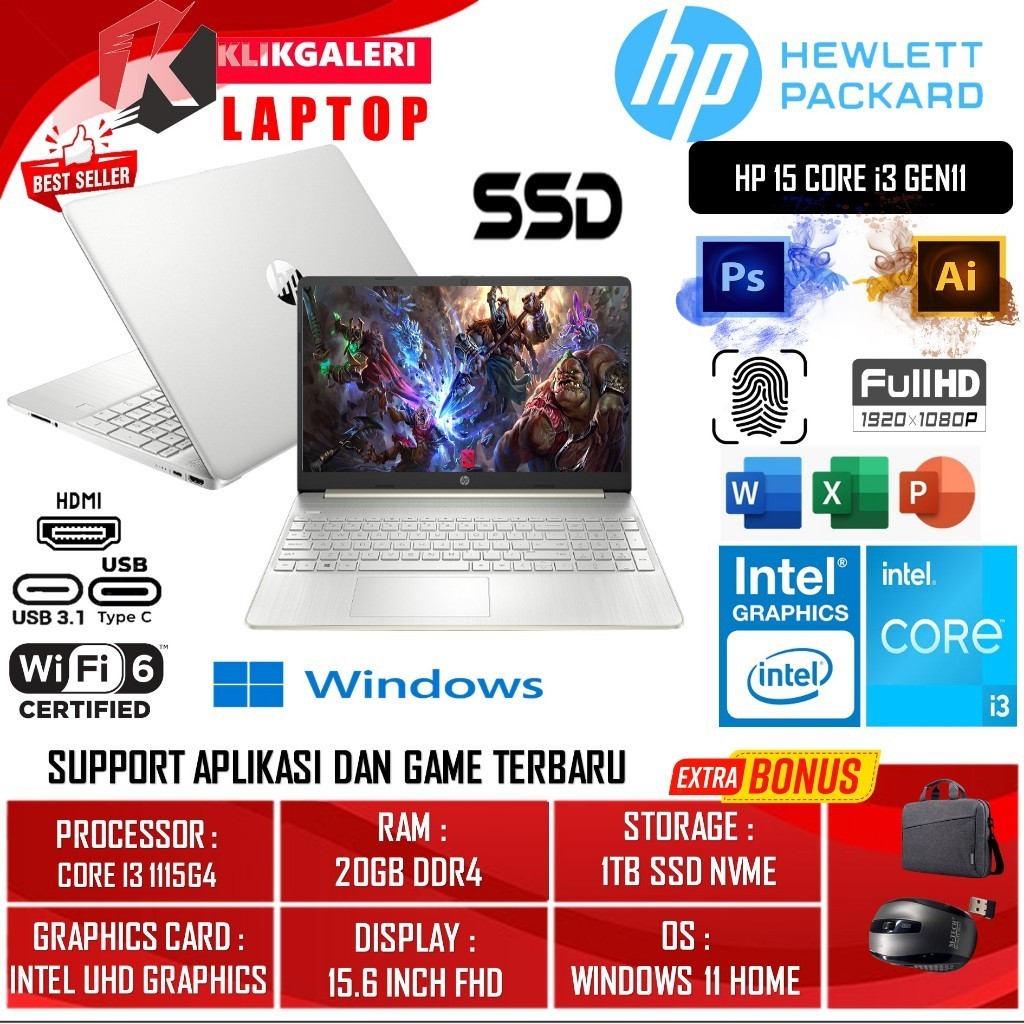 FROMO SPESIAL SHOP Laptop Murah Baru HP 15 Core I3 1115G4 Ram 20GB 512GB Ssd FHD Fingerprint Silver