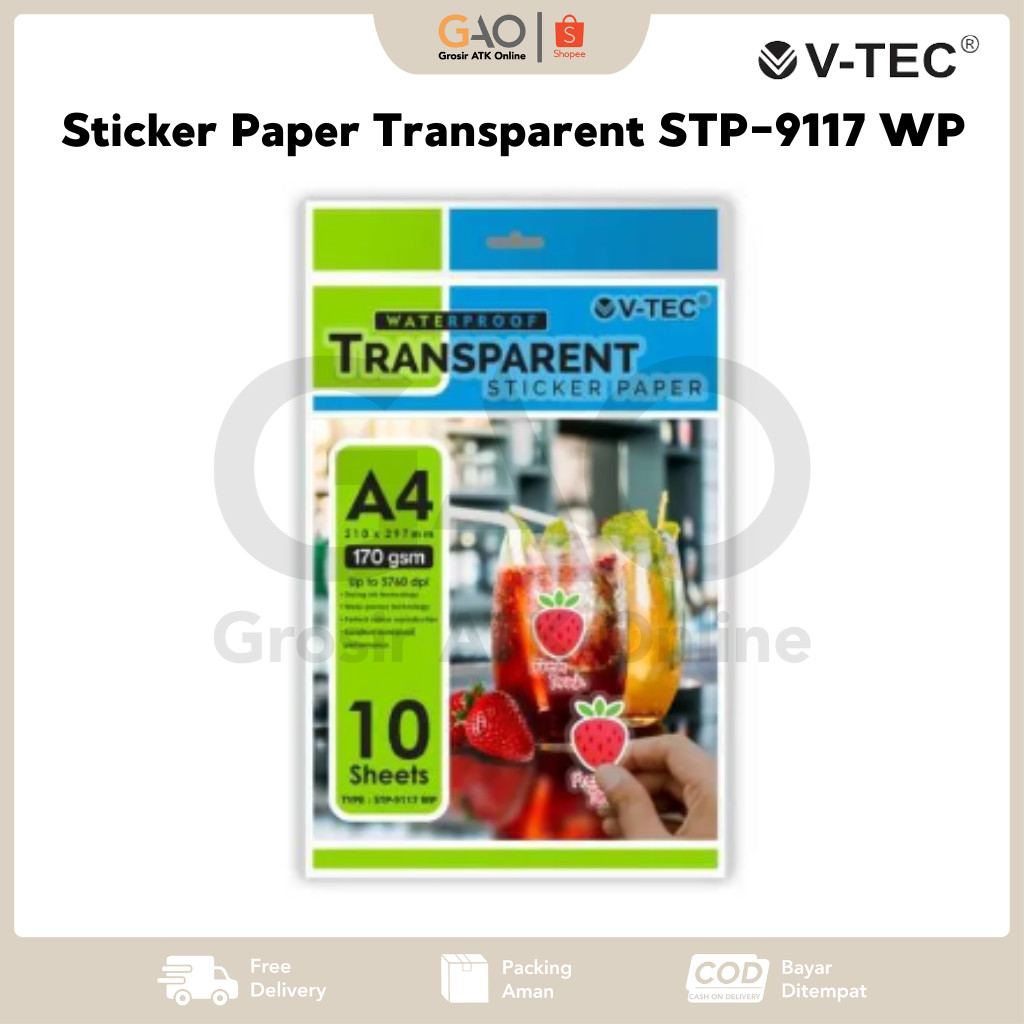 

Sticker Paper Transparent Waterproof A4 V-Tec 10 Sheets 170 Gsm STP-9117 WP