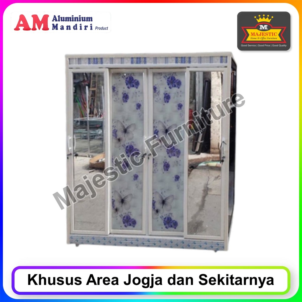 Lemari Pakaian Stainless Alumunium Mandiri Lemari Baju 150 Putih 4 Pintu Sliding Variasi Lukis (Jogj