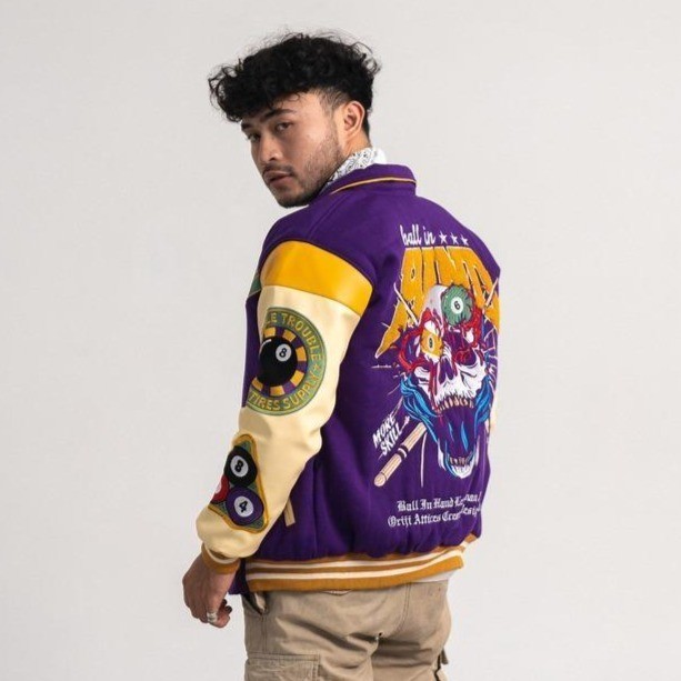 Orijiattires Jaket Varsity Pria Wanita Ball in Hand Full Bordir Fleece Kombinasi Kulit Karlit Lengan